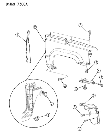 1993 Jeep Grand Cherokee Fenders, Front Diagram