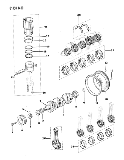 1986 Jeep Wrangler Crankshaft , Flywheel And Piston Diagram 2