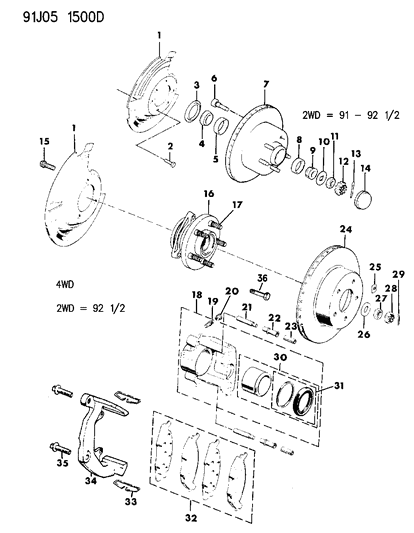 1992 Jeep Cherokee Brakes, Front Diagram