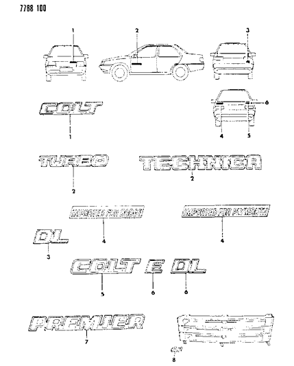 1988 Dodge Colt Nameplates - Exterior View Diagram