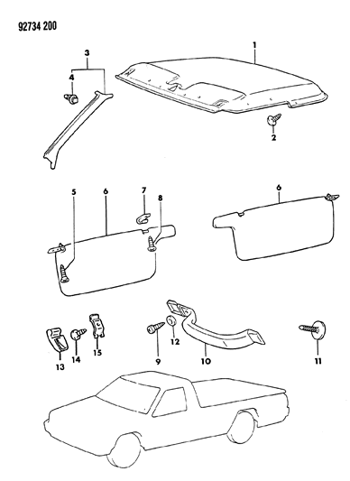 1993 Dodge Ram 50 Headliner, Mouldings, Visor & Assist Strap Diagram