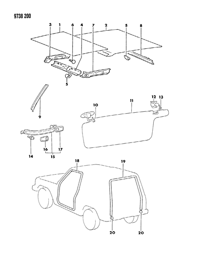 1989 Dodge Raider Headliner, Mouldings, Visor & Assist Strap Diagram