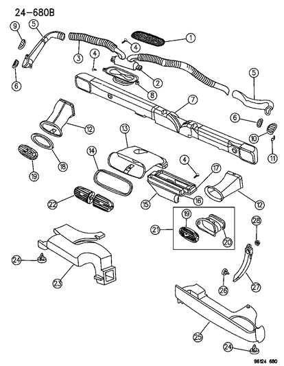 1996 Chrysler Sebring Air Distribution Ducts, Outlets, Louver Diagram