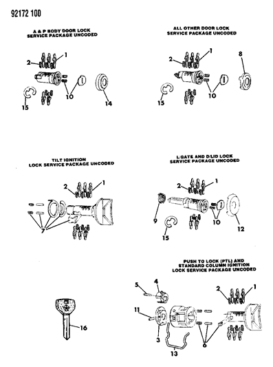 1992 Dodge Dynasty Lock Cylinders & Double Bitted Lock Cylinder Repair Components Diagram