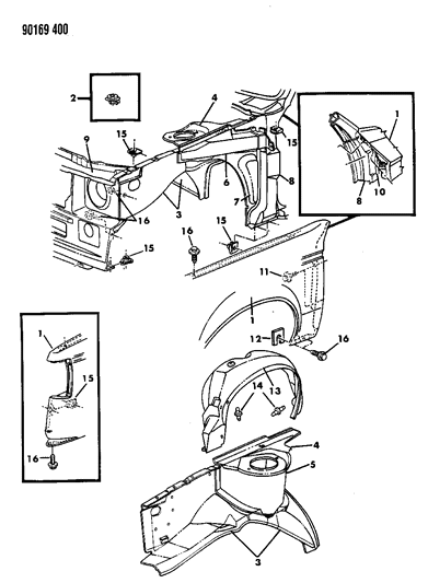 1990 Dodge Omni Fender & Shield Diagram