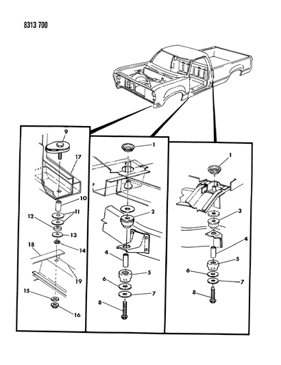 1988 Dodge Ramcharger Body Hold Down & Front End Mounting Diagram