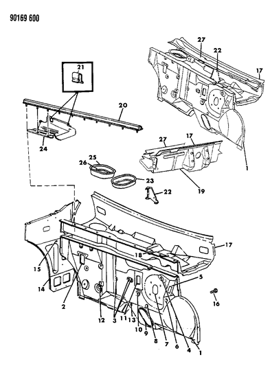 1990 Dodge Omni Cowl & Dash Panel Diagram