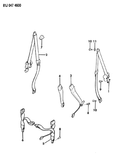 1986 Jeep Comanche Seat Belts, Front Diagram