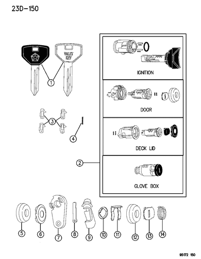 1995 Chrysler Cirrus Lock Cylinders & Double Bitted Lock Cylinder Repair Components Diagram