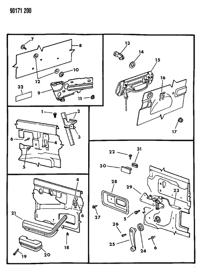 1990 Dodge Omni Door, Front Glass, Handles & Hardware Diagram