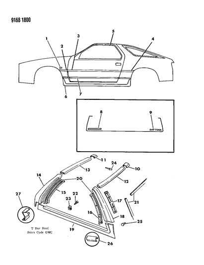 1989 Dodge Daytona Mouldings & Ornamentation - Exterior View Diagram