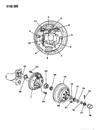 1991 Chrysler LeBaron Sedan Brakes, Rear Drum Diagram