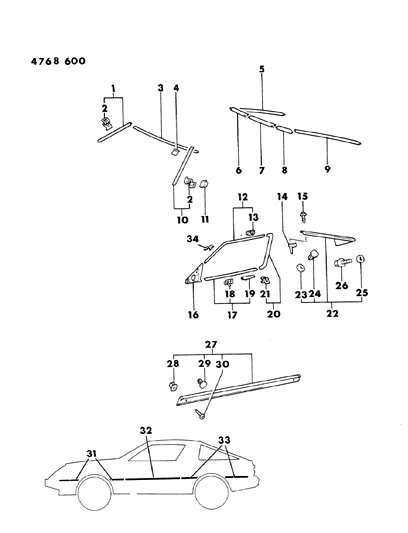 1984 Chrysler Conquest Mouldings - Exterior View Diagram