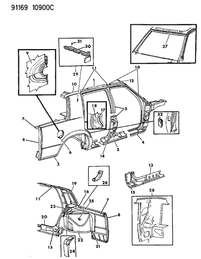 1991 Dodge Dynasty Body Side & Quarter Panel Diagram