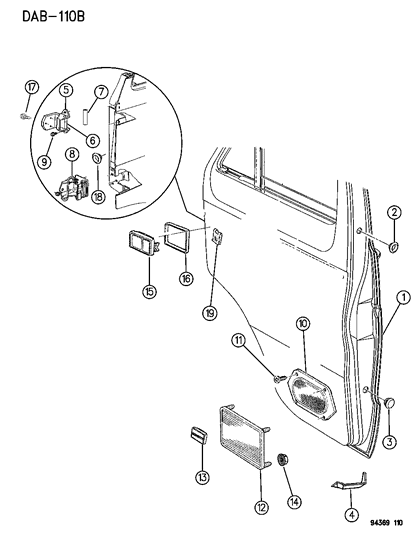 1996 Dodge Ram Van Door, Front Shell & Hinges Diagram