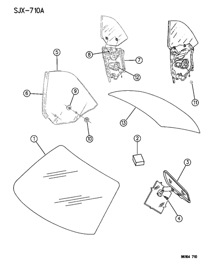 1996 Chrysler Sebring Windshield, Sideglass And Mirror Diagram