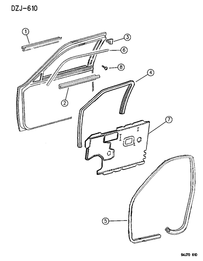 1996 Jeep Grand Cherokee Door, Front Weatherstrips & Seal Diagram