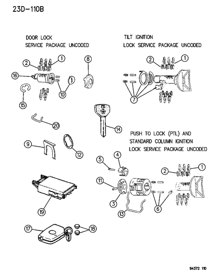 1994 Dodge Ram Van Lock Cylinders & Components Diagram
