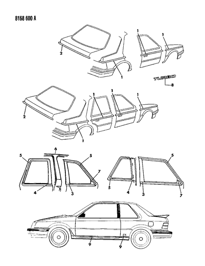 1988 Dodge Shadow Tape Stripes & Decals - Exterior View Diagram
