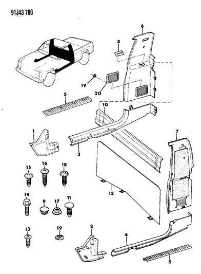 1992 Jeep Comanche Panels - Interior Trim Diagram