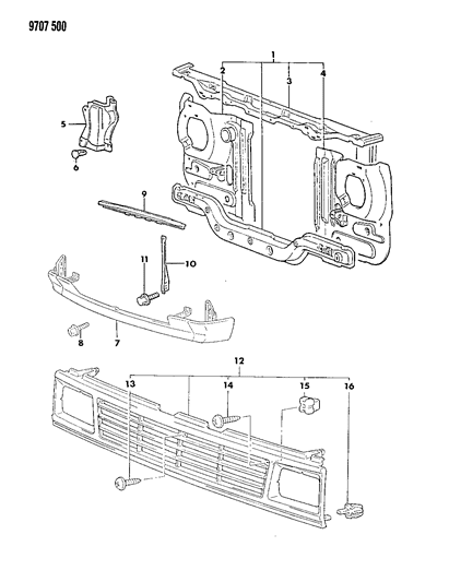 1989 Dodge Ram 50 Grille & Related Parts Diagram