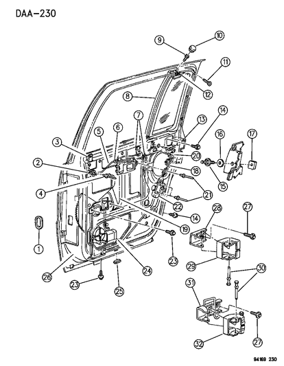 1994 Dodge Spirit Door - Rear Shell - Hinges & Remote Control Diagram