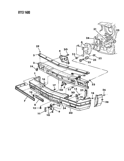 1988 Chrysler New Yorker Turbo Bumper, Front Diagram