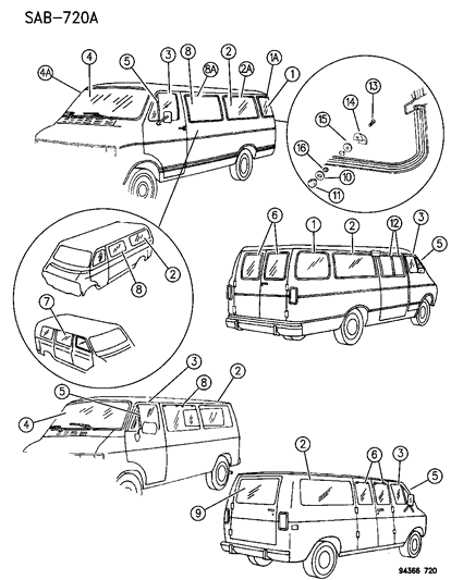 1996 Dodge Ram Van Glass & Weatherstrips Diagram