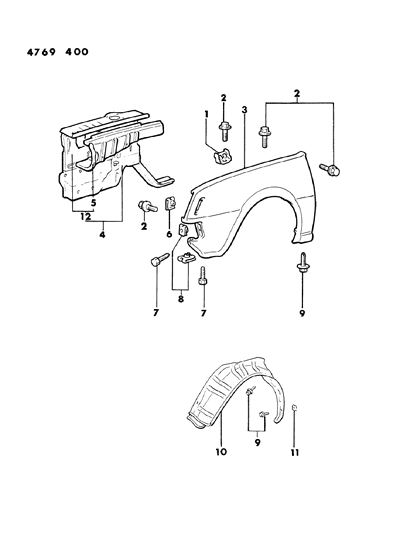 1984 Dodge Colt Fender, Front Diagram