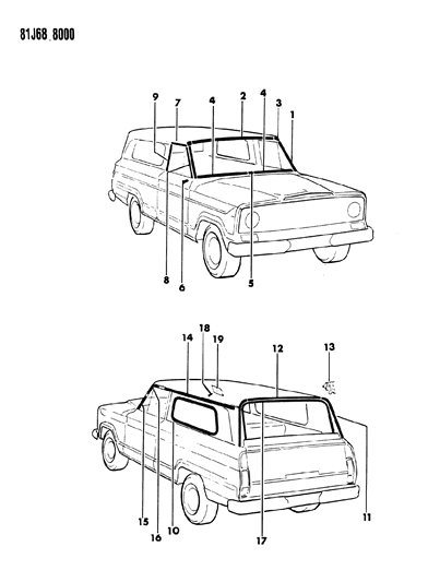 1986 Jeep Grand Wagoneer Moulding, Exterior, Upper Diagram