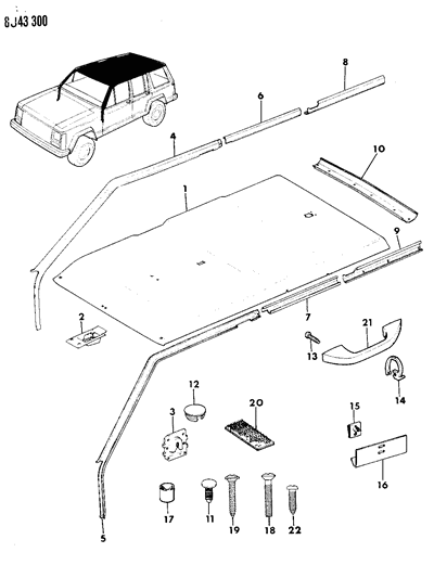 1990 Jeep Wagoneer Headlining & Upper Trim Mouldings Diagram