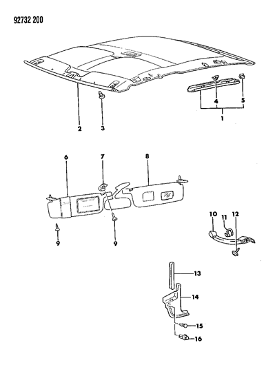 1992 Dodge Colt Headliner , Visor , Assist Strap & Cowl Panels Diagram