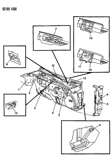 1992 Dodge Shadow Bracket & Plugs Cowl Diagram