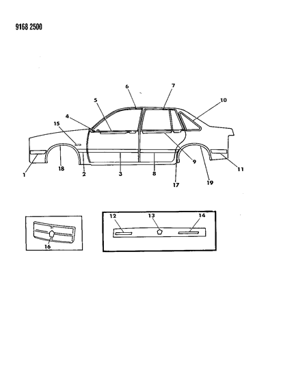 1989 Chrysler LeBaron Mouldings & Ornamentation - Exterior View Diagram 1