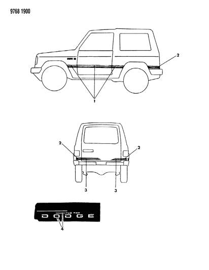 1989 Dodge Raider Tape Stripes & Decals - Exterior View Diagram