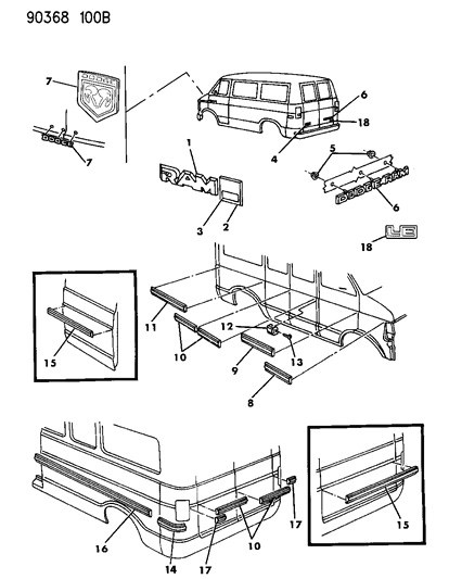 1992 Dodge Ram Van Nameplates, Decals & Upper Mouldings Diagram