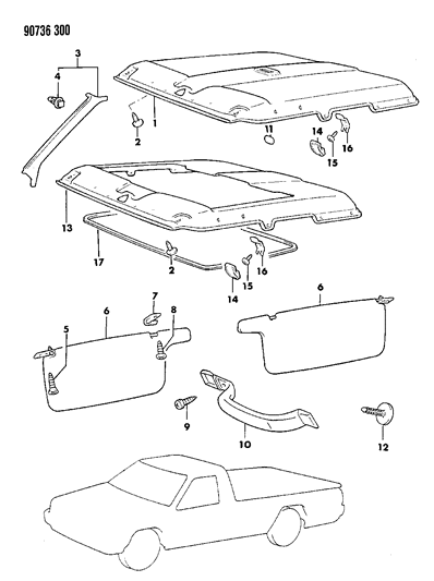 1990 Dodge Ram 50 Headliner, Mouldings, Visor & Assist Strap Diagram 2