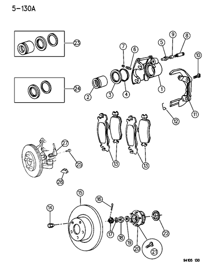 1994 Chrysler LeBaron Brakes, Front With Rear Drum Brakes Diagram