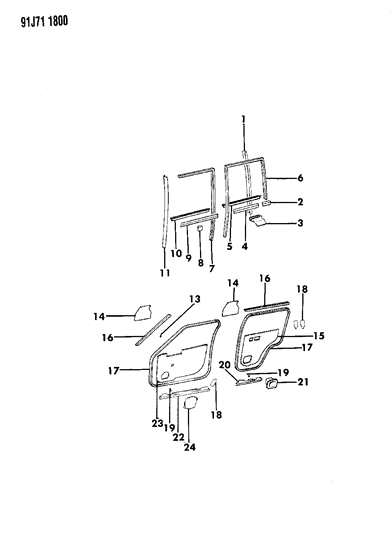 1991 Jeep Cherokee Weatherstrips - Door Front And Rear Diagram