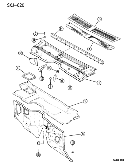 1994 Jeep Cherokee Panels - Cowl & Dash Diagram