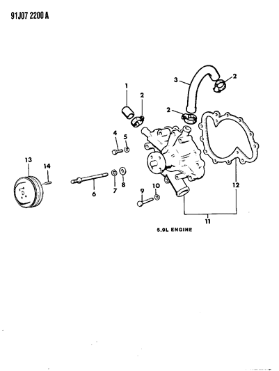 1991 Jeep Grand Wagoneer Water Pump & Related Parts Diagram