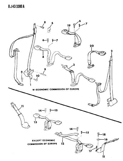 1988 Jeep Wagoneer Seatbelts - Rear Seat Diagram