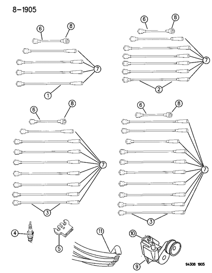 1996 Dodge Dakota Spark Plugs - Cables - Coils Diagram
