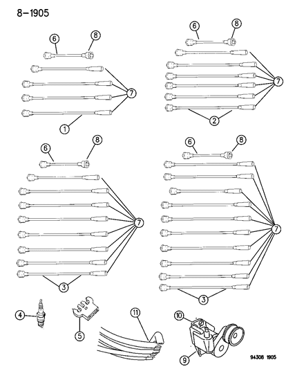 1994 Dodge Dakota Spark Plugs - Cables - Coils Diagram