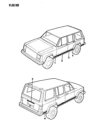 1991 Jeep Cherokee Moulding & Cladding, Exterior Diagram 2