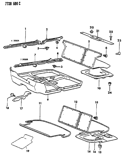 1987 Dodge Colt Carpet, Floor Mat And Scuff Plate Diagram