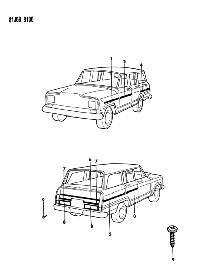 1986 Jeep Grand Wagoneer Mouldings, Exterior - Lower Diagram 1
