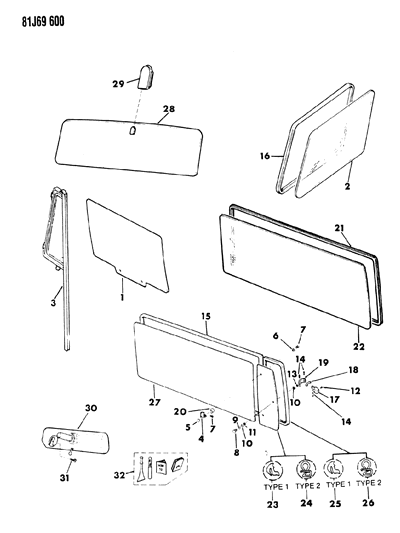 1984 Jeep Wrangler Glass, Mirror, Inside Rear View Diagram 2