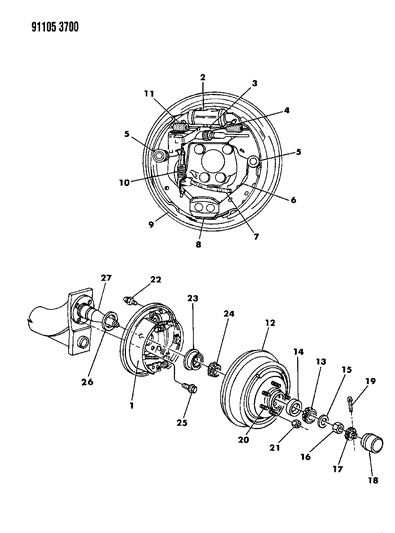 1991 Dodge Shadow Brakes, Rear Drum Diagram