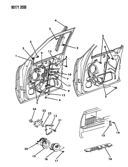 1990 Dodge Dynasty Door, Front Glass, Regulator & Speaker Diagram